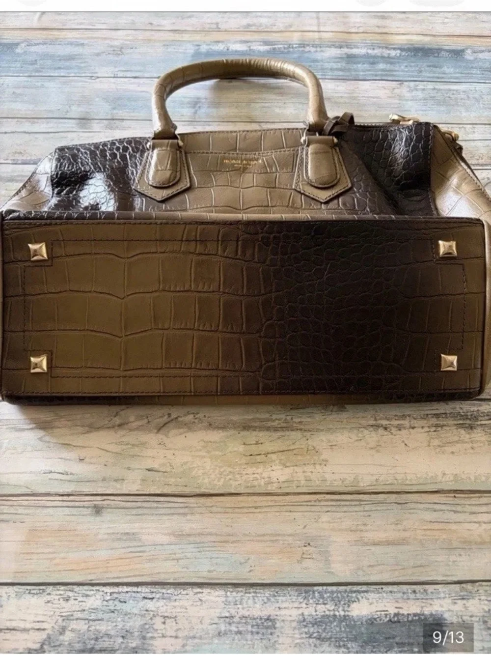 Henri Bendel Croc-Embossed Leather Satchel Olive/Black